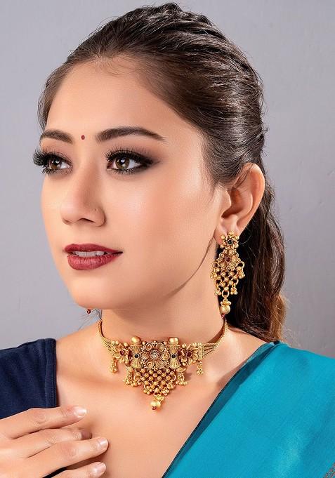 Gold Plated Pink And Green Pearl Studded Temple Jewellery Set