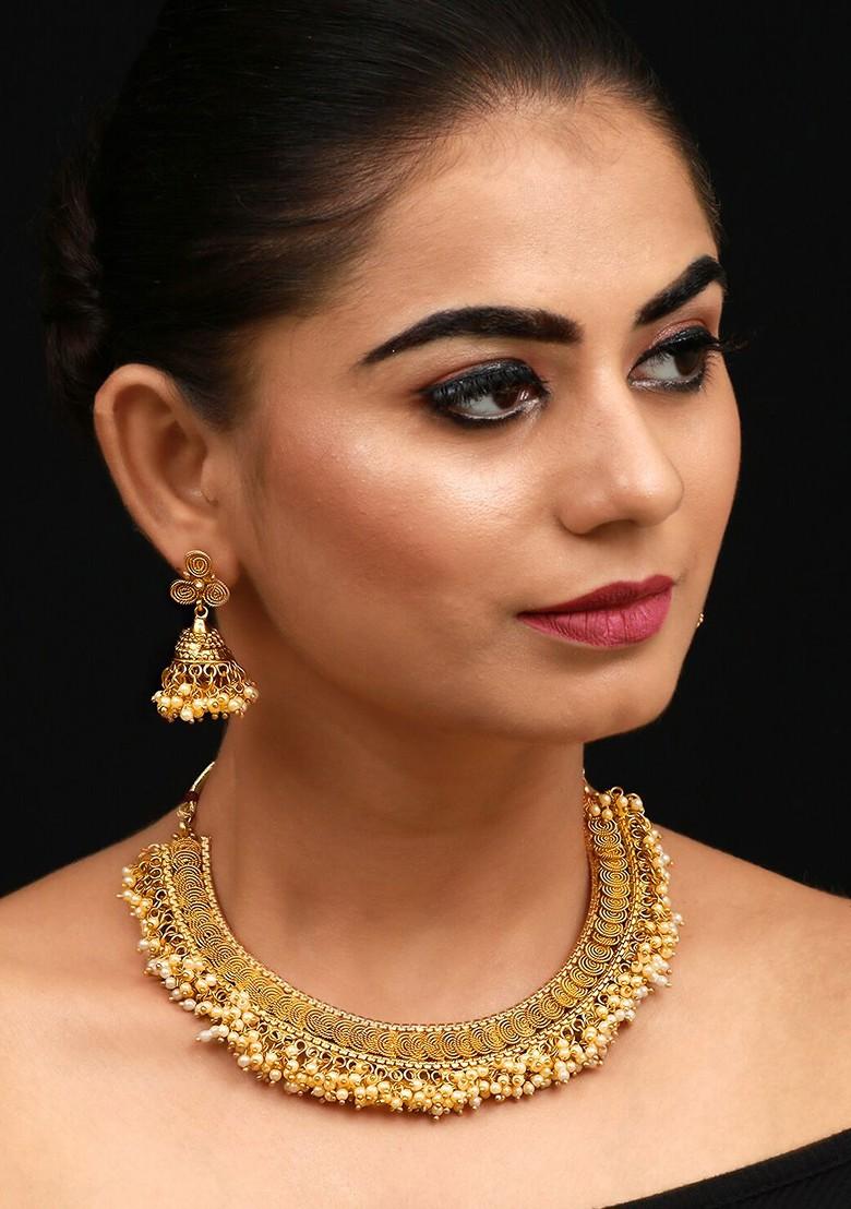 Gold Plated White Pearl Beaded Temple Jewellery Set