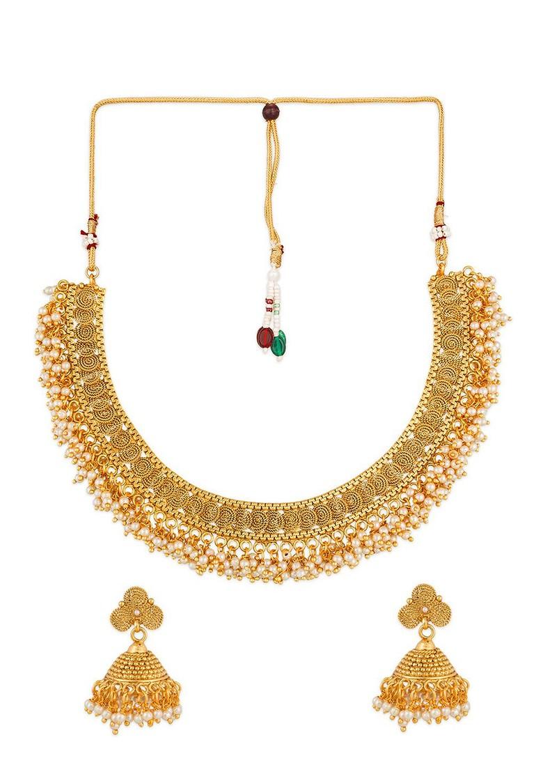 Gold Plated White Pearl Beaded Temple Jewellery Set