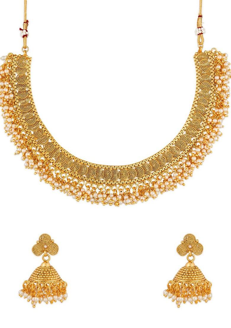 Gold Plated White Pearl Beaded Temple Jewellery Set