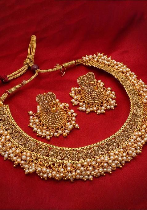Gold Plated White Pearl Beaded Temple Jewellery Set
