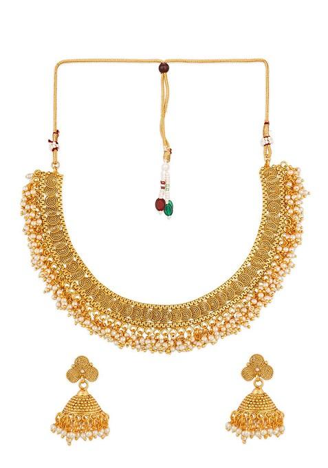 Gold Plated White Pearl Beaded Temple Jewellery Set