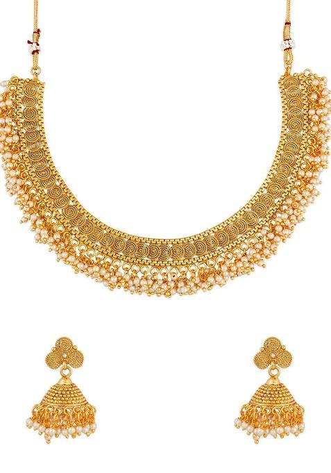 Gold Plated White Pearl Beaded Temple Jewellery Set