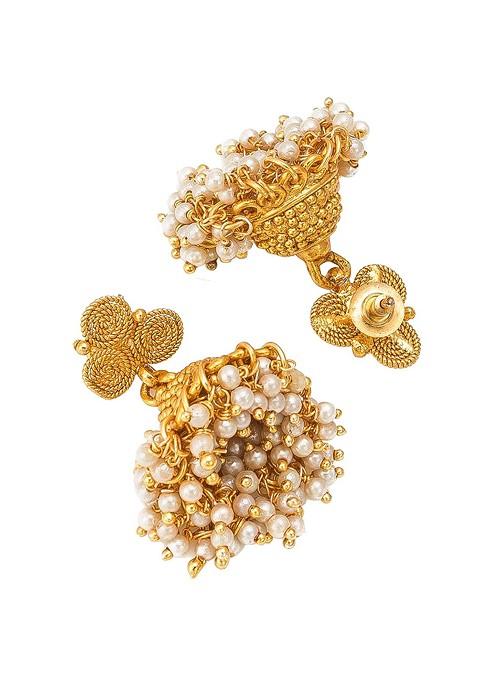 Gold Plated White Pearl Beaded Temple Jewellery Set