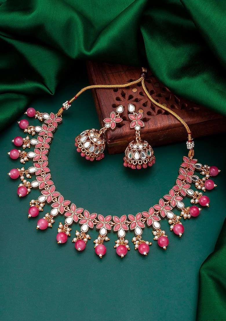Woman Gold Plated White And Pink Stone Studded Choker Jewellery Set - Indya