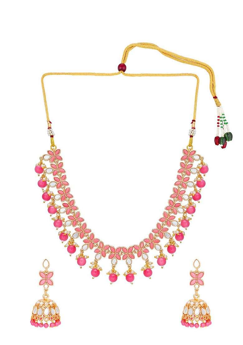 Woman Gold Plated White And Pink Stone Studded Choker Jewellery Set - Indya