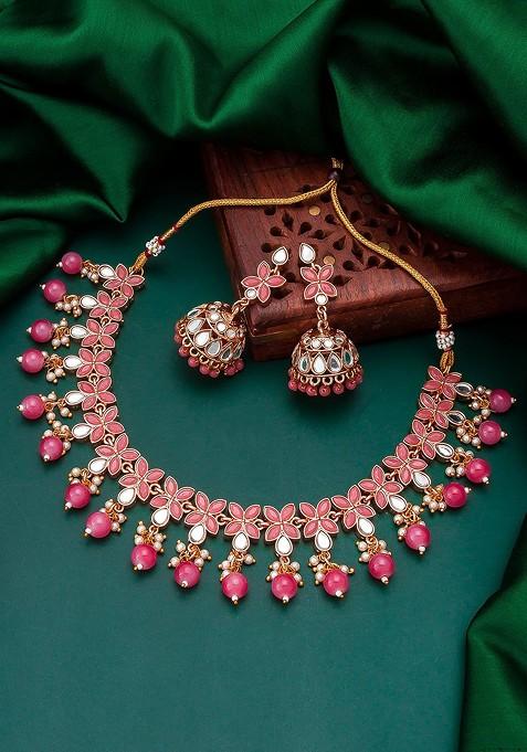 Woman Gold Plated White And Pink Stone Studded Choker Jewellery Set