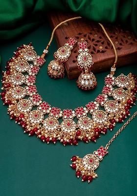 Gold Plated And Red Stone Studded Jadau Jewellery Set