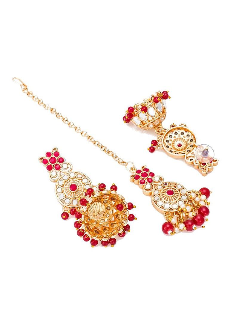 Gold Plated And Red Stone Studded Jadau Jewellery Set