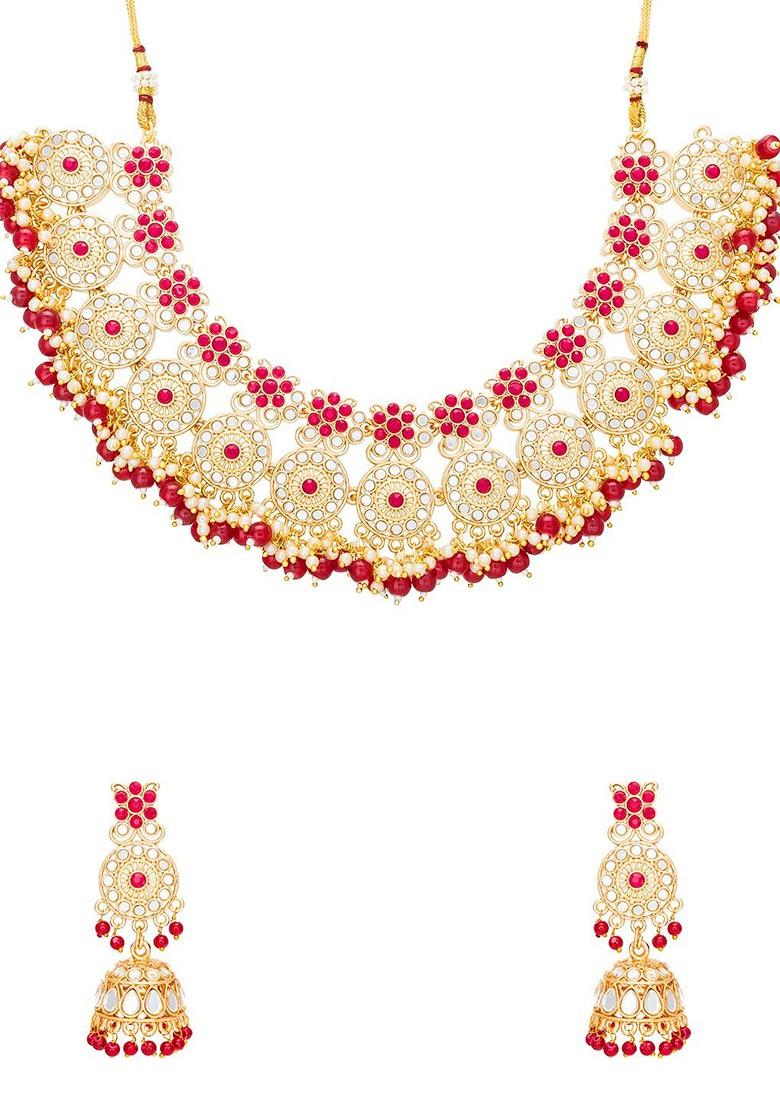 Gold Plated And Red Stone Studded Jadau Jewellery Set