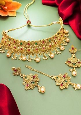 Red And Gold Toned Ruby Choker Jewellery Set