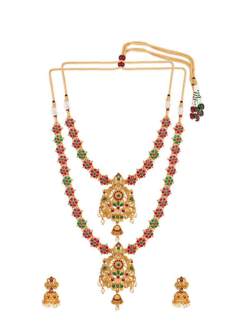 Gold Plated Pink And Green Stone Studded And White Beaded Temple Jewellery Set