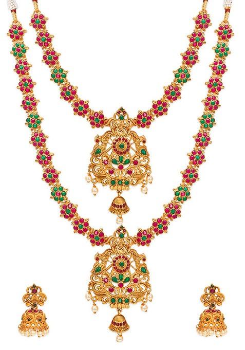 Gold Plated Pink And Green Stone Studded And White Beaded Temple Jewellery Set