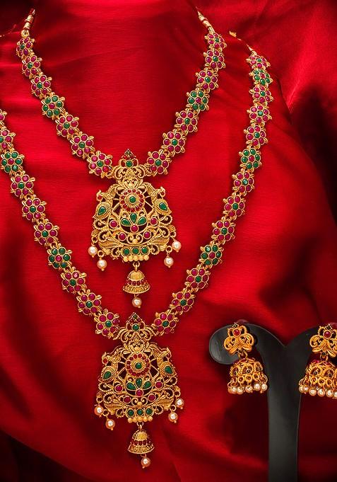 Gold Plated Pink And Green Stone Studded And White Beaded Temple Jewellery Set