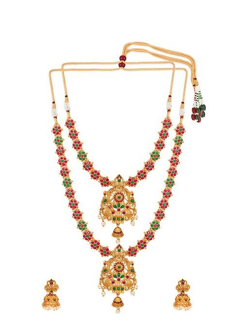 Gold Plated Pink And Green Stone Studded And White Beaded Temple Jewellery Set