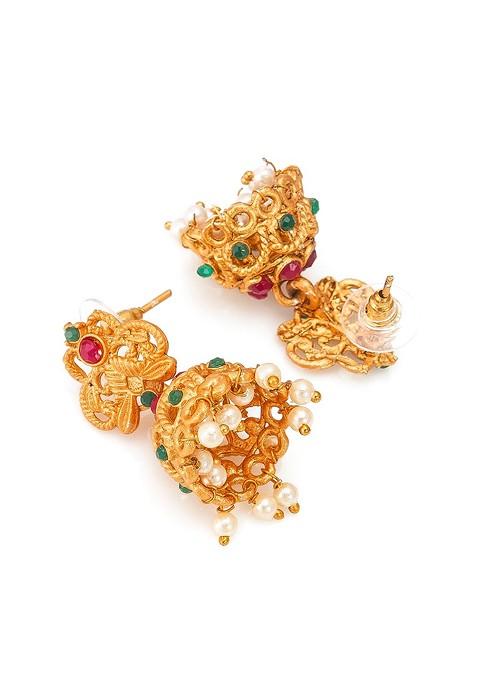 Gold Plated Pink And Green Stone Studded And White Beaded Temple Jewellery Set