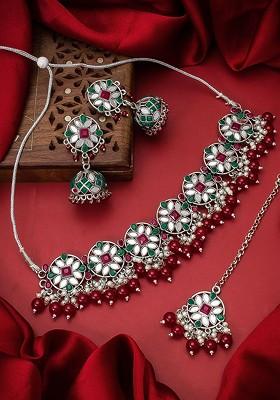 Gold Plated Green And Maroon Stone Studded And Pearl Beaded Handcrafted Jewellery Set