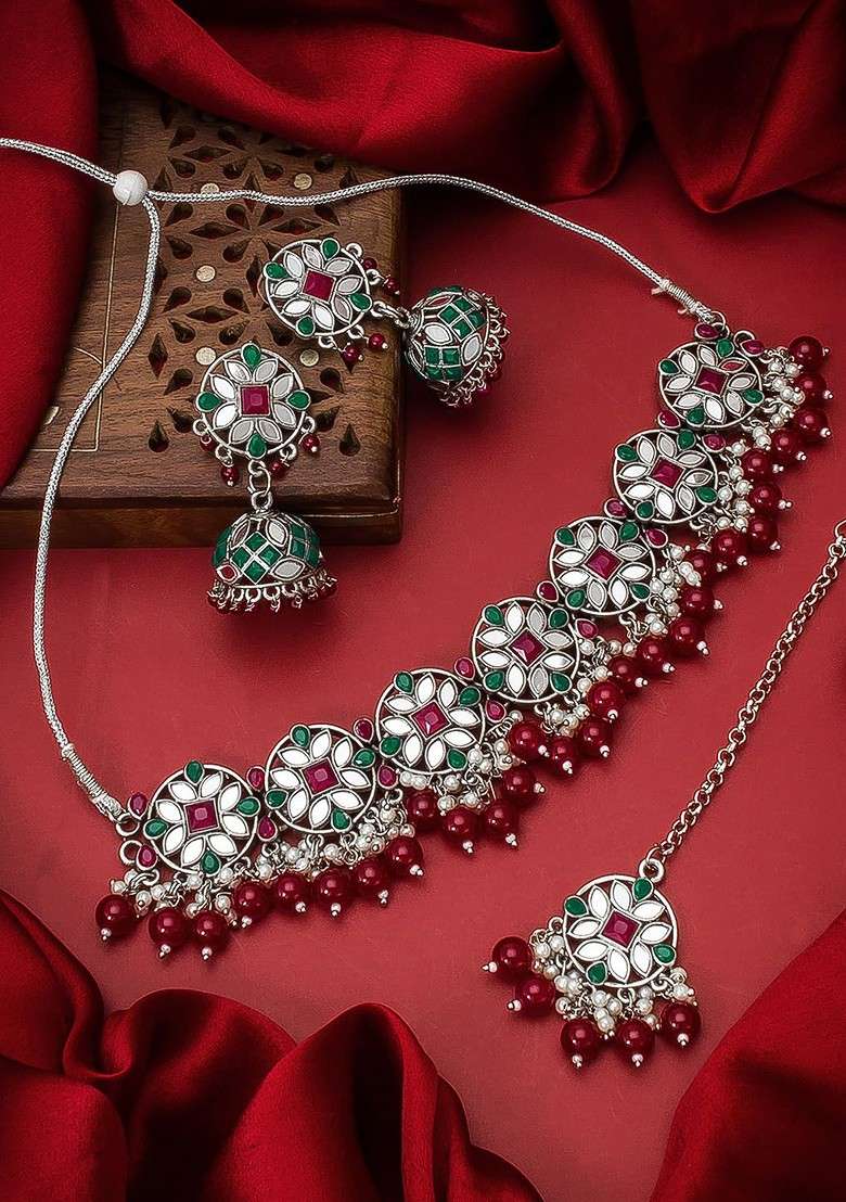 Gold Plated Green And Maroon Stone Studded And Pearl Beaded Handcrafted Jewellery Set - Indya