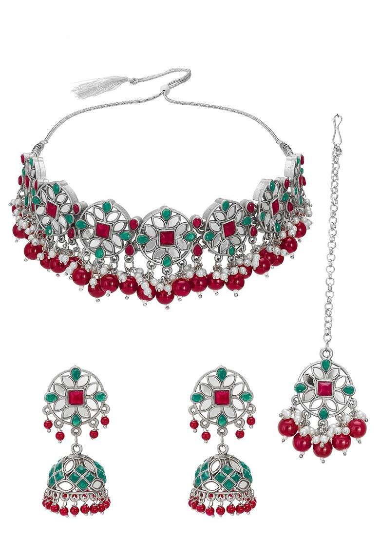 Gold Plated Green And Maroon Stone Studded And Pearl Beaded Handcrafted Jewellery Set - Indya