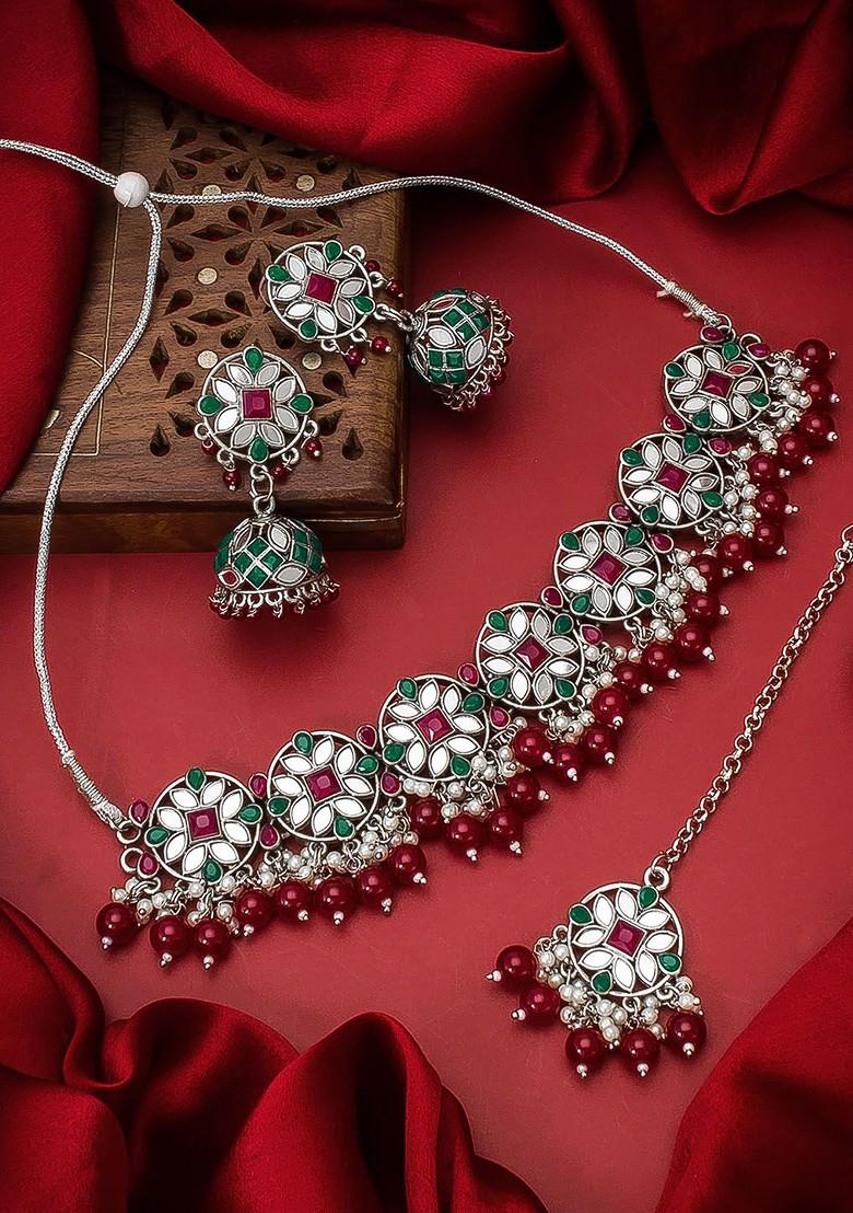 Gold Plated Green And Maroon Stone Studded And Pearl Beaded Handcrafted Jewellery Set