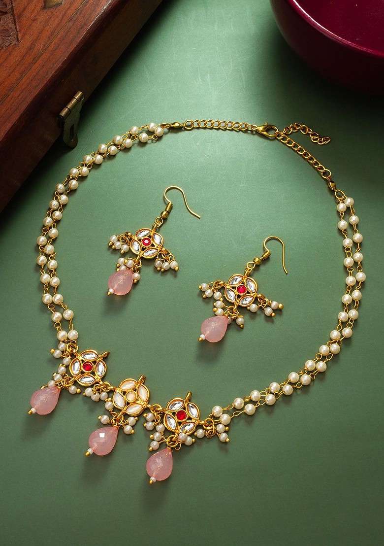 Gold Plated Kundan Studded And Beaded Jewellery Set - Indya