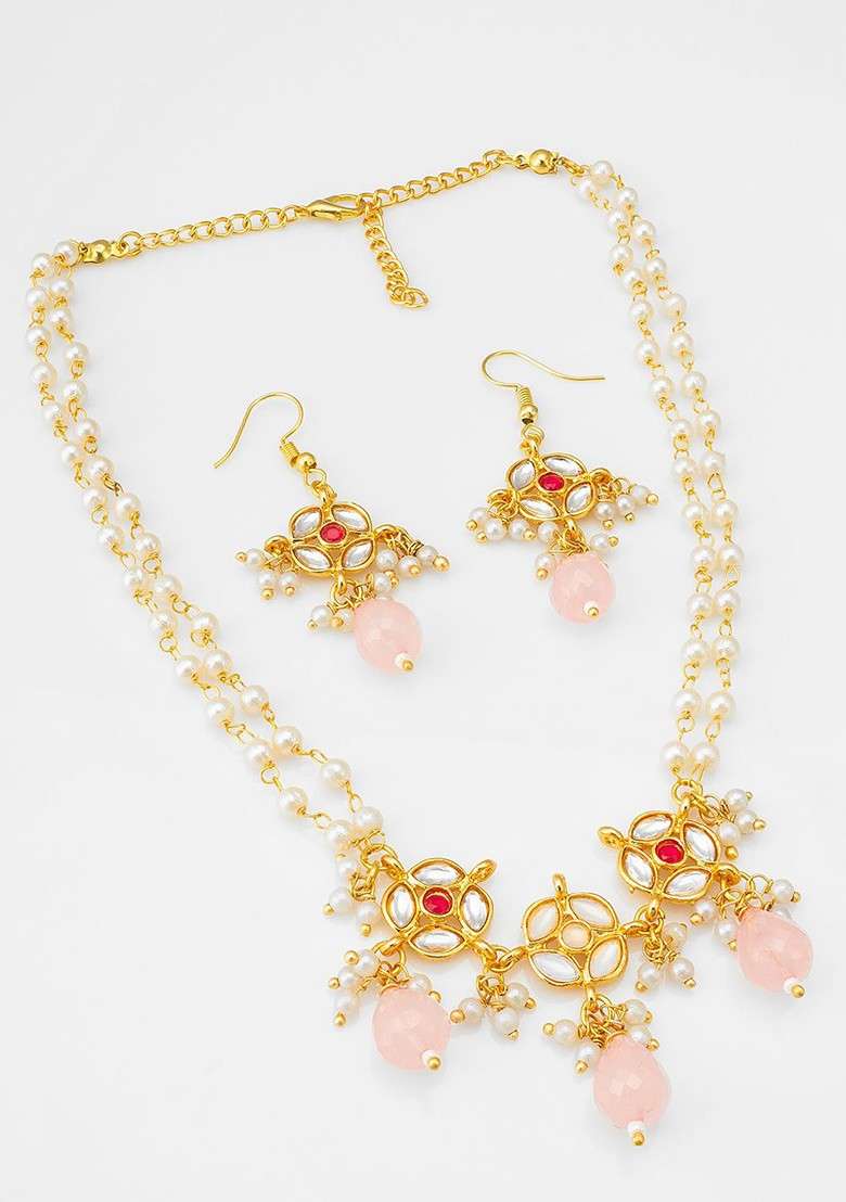 Gold Plated Kundan Studded And Beaded Jewellery Set - Indya