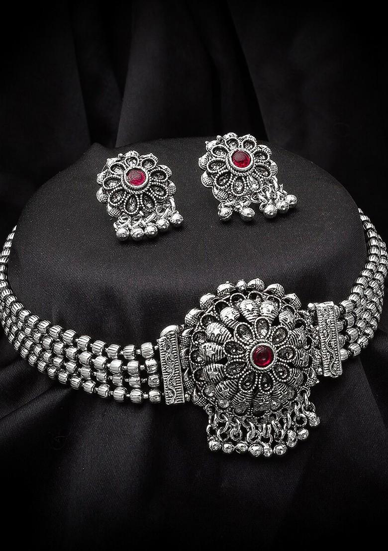 Silver German Oxidised Silver Plated Pink Beaded And Stone Studded Tribal Jewellery Set