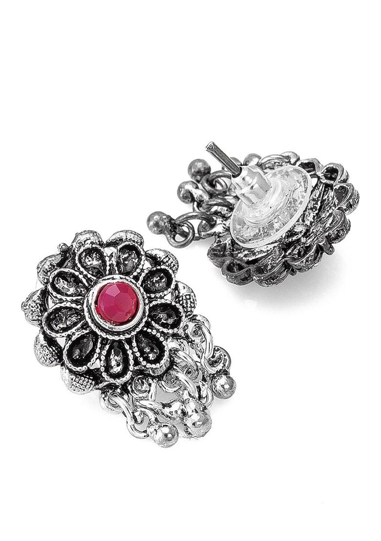 Silver German Oxidised Silver Plated Pink Beaded And Stone Studded Tribal Jewellery Set