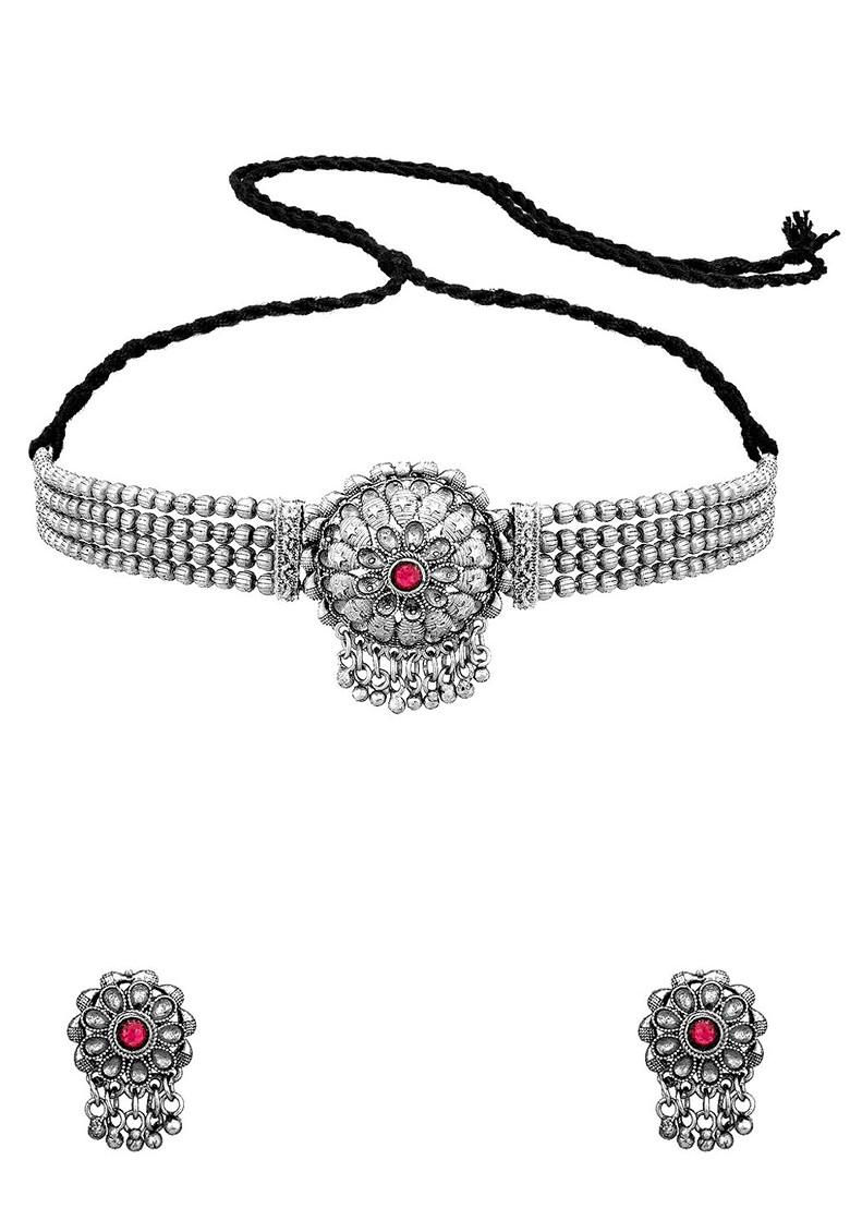 Silver German Oxidised Silver Plated Pink Beaded And Stone Studded Tribal Jewellery Set