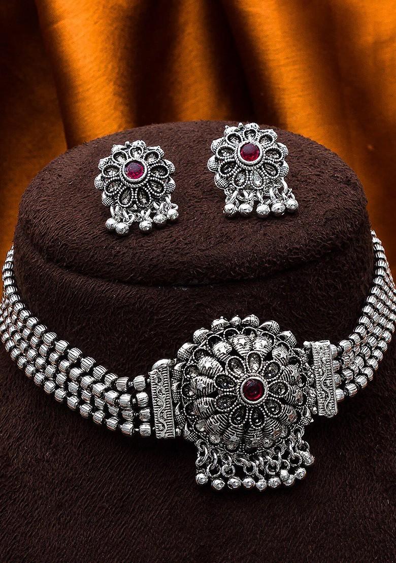 Silver German Oxidised Silver Plated Pink Beaded And Stone Studded Tribal Jewellery Set