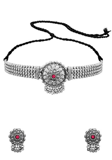 Silver German Oxidised Silver Plated Pink Beaded And Stone Studded Tribal Jewellery Set