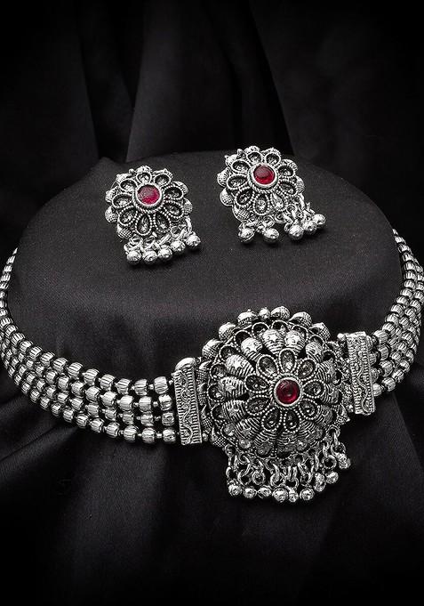 Silver German Oxidised Silver Plated Pink Beaded And Stone Studded Tribal Jewellery Set