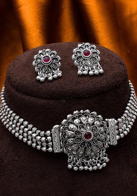 Silver German Oxidised Silver Plated Pink Beaded And Stone Studded Tribal Jewellery Set