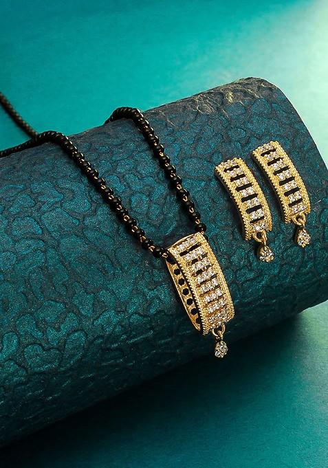 Gold And Black American Diamond Mangalsutra With Earrings