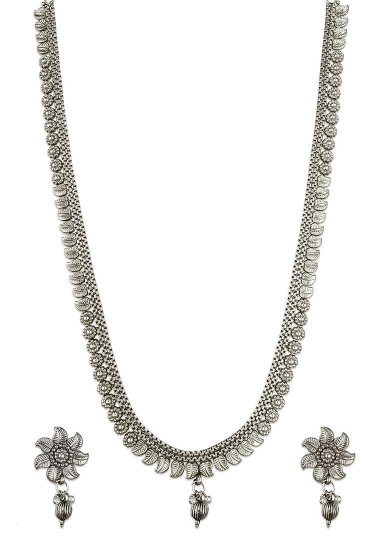 Silver Oxidised Silver Plated Beaded Floral Design Jewellery Set