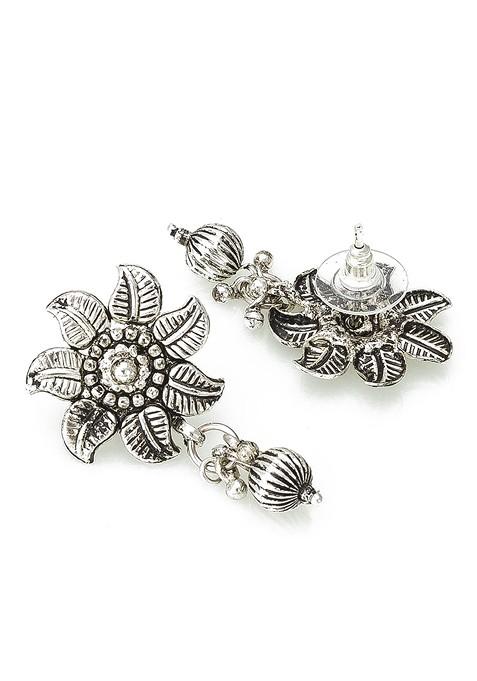 Silver Oxidised Silver Plated Beaded Floral Design Jewellery Set