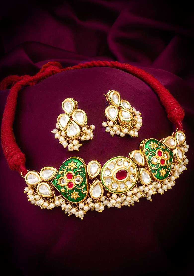 Gold Plated Kundan Studded And Beaded Jewellery Set - Indya