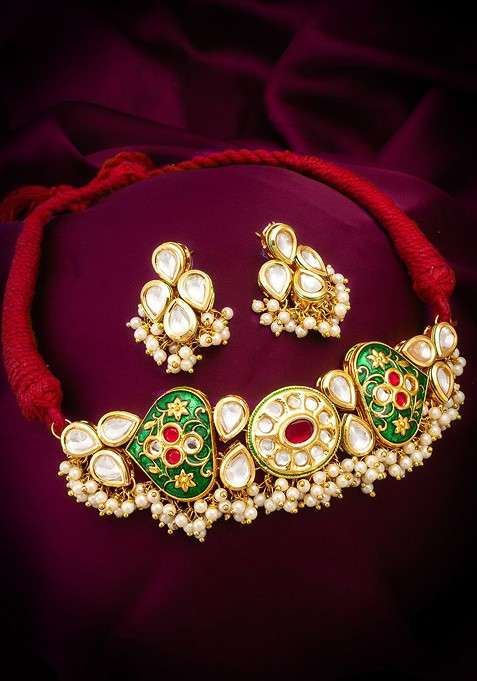 Gold Plated Kundan Studded And Beaded Jewellery Set