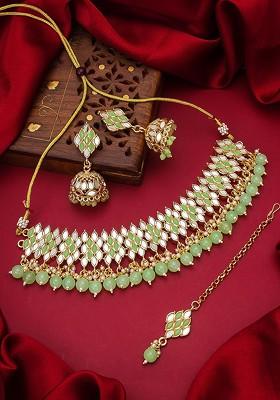 Gold Plated Green And White Stone Studded And Pearl Beaded Handcrafted Jewellery Set