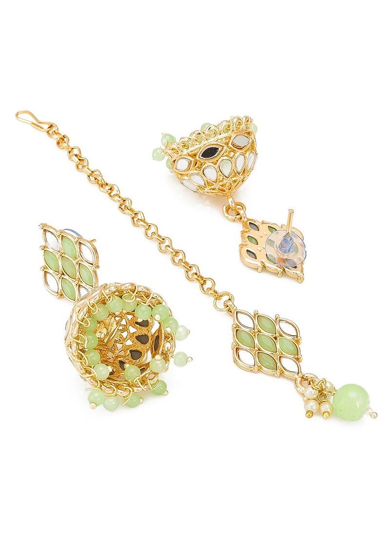 Gold Plated Green And White Stone Studded And Pearl Beaded Handcrafted Jewellery Set