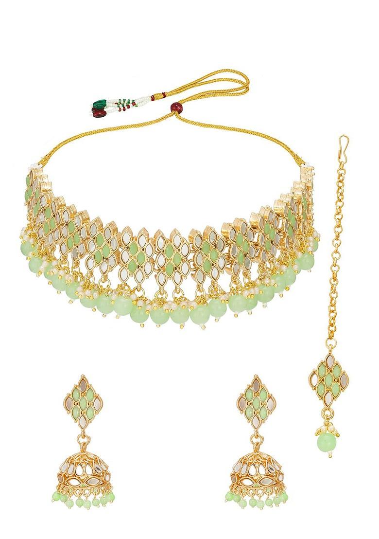 Gold Plated Green And White Stone Studded And Pearl Beaded Handcrafted Jewellery Set