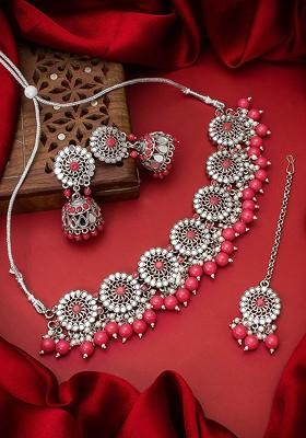 Gold Toned And Pink Gold Plated Pearl Beaded Handcrafted Jewellery Set