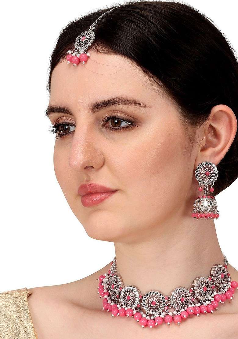 Gold Toned And Pink Gold Plated Pearl Beaded Handcrafted Jewellery Set - Indya