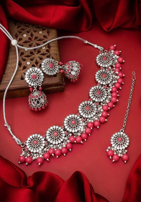 Gold Toned And Pink Gold Plated Pearl Beaded Handcrafted Jewellery Set