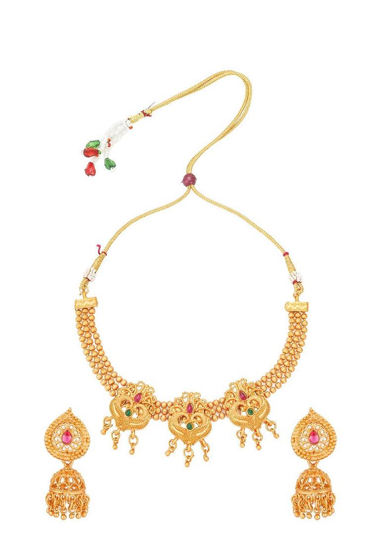 Gold Plated Red And Green Stone Studded Tribal Jewellery Set