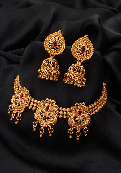 Gold Plated Red And Green Stone Studded Tribal Jewellery Set
