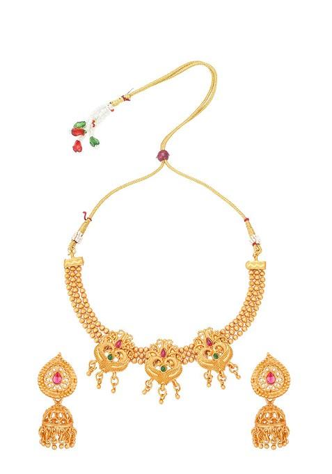 Gold Plated Red And Green Stone Studded Tribal Jewellery Set