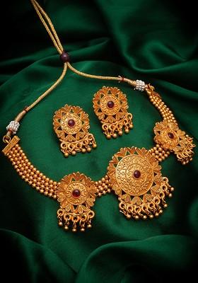 Gold Toned And Pink Ruby Studded And Ghungroo Beaded Temple Jewellery Set