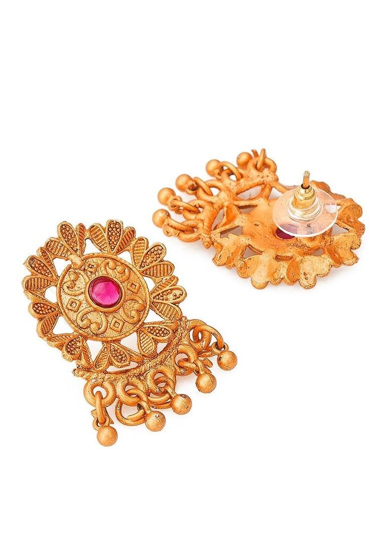 Gold Toned And Pink Ruby Studded And Ghungroo Beaded Temple Jewellery Set