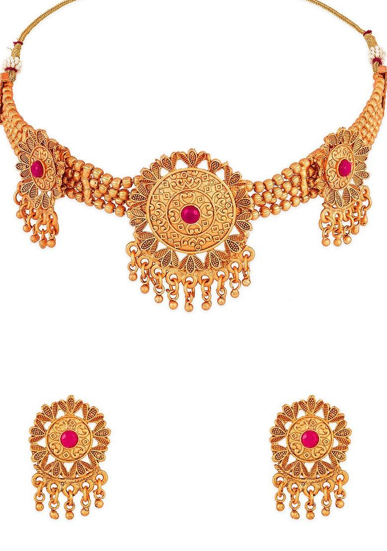 Gold Toned And Pink Ruby Studded And Ghungroo Beaded Temple Jewellery Set